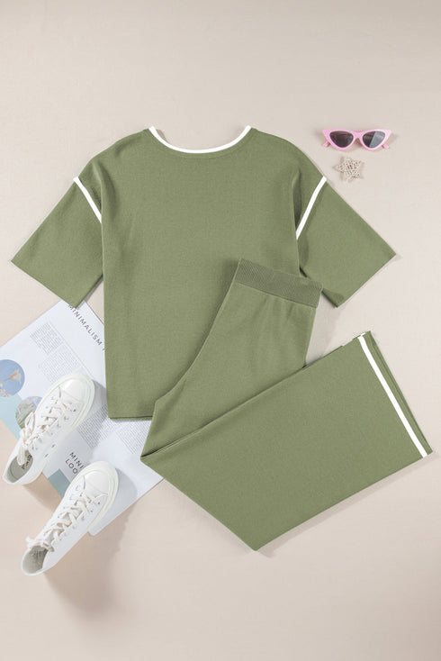 Contrast Trim Textured Knit Half Sleeve Drop Shoulder Drawstring Waist Wide Leg Two Piece Pant Set